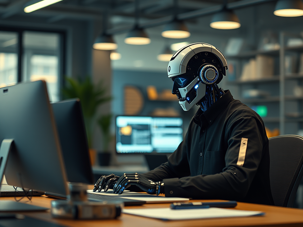 AI-powered content creation, showcasing a human and an AI working together with digital tools, text, and media elements in a modern, creative workspace